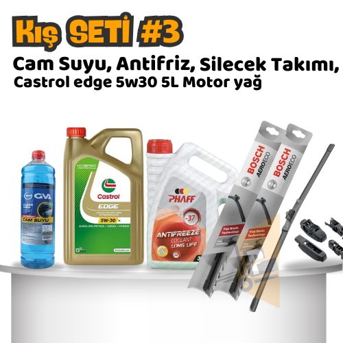 Oto Kış Bakım Seti 3 - Ön Silecek Takımı & Cam suyu & Kırmızı Antifriz 3L & Castrol Edge 5W-30 Motor Yağı