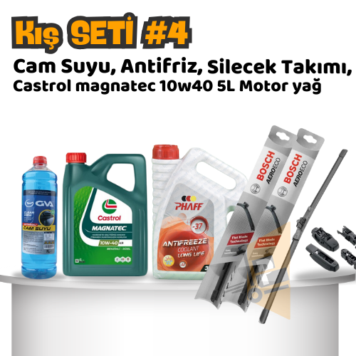 Oto Kış Bakım Seti 4 - Ön Silecek Takımı & Cam suyu & Kırmızı Antifriz 3L & Castrol Magnatec 10w-40 Motor Yağı 4L